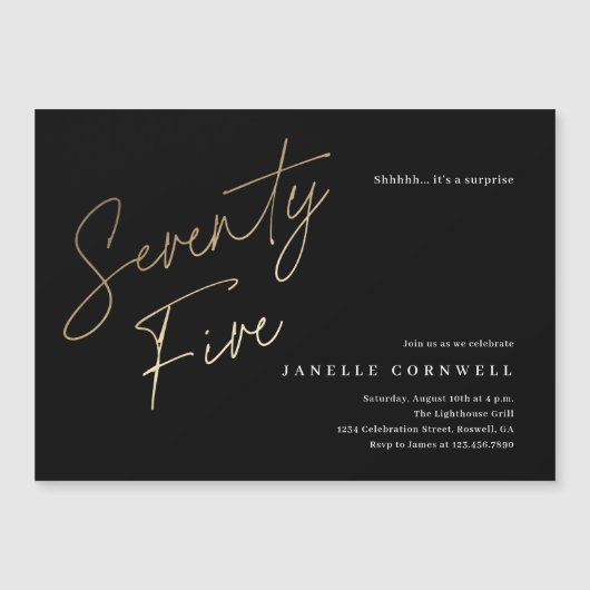 Minimalistisch script zwart en Gold 75th Birthday Magnetische Uitnodiging (Voorkant)