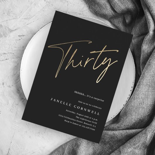 Minimalistisch script zwart en goud 30ste verjaard kaart