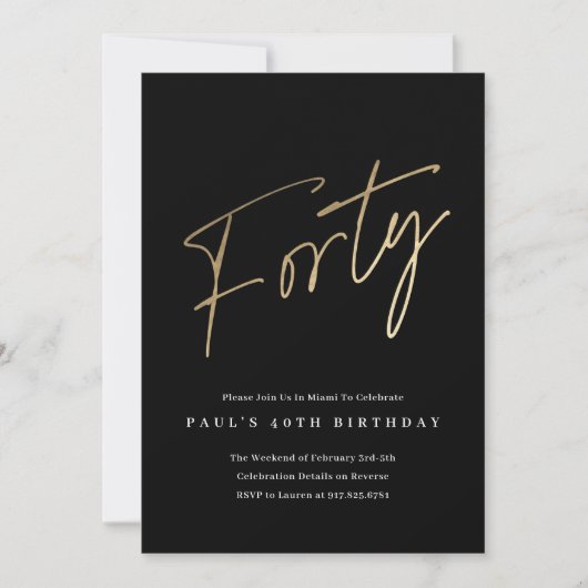 Minimalistisch Script Zwart en Goud 40e Verjaardag Kaart (Voorkant)