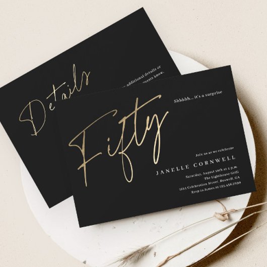 Minimalistisch script zwart en goud 50ste verjaard kaart