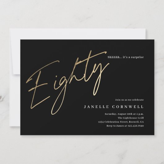 Minimalistisch script zwart en goud 80ste verjaard kaart (Voorkant)