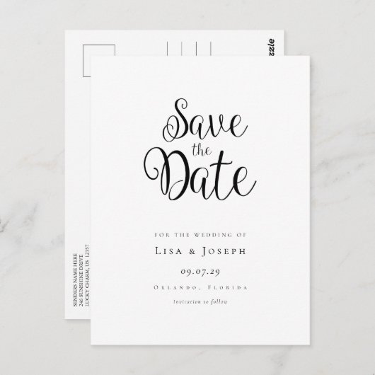 Minimalistisch script zwart en wit save the date briefkaart (Voorkant / Achterkant)