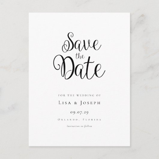 Minimalistisch script zwart en wit save the date briefkaart (Voorkant)