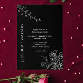 Minimalistisch script zwart en witte florale bruil kaart