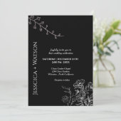 Minimalistisch script zwart en witte florale bruil kaart (Staand voorkant)