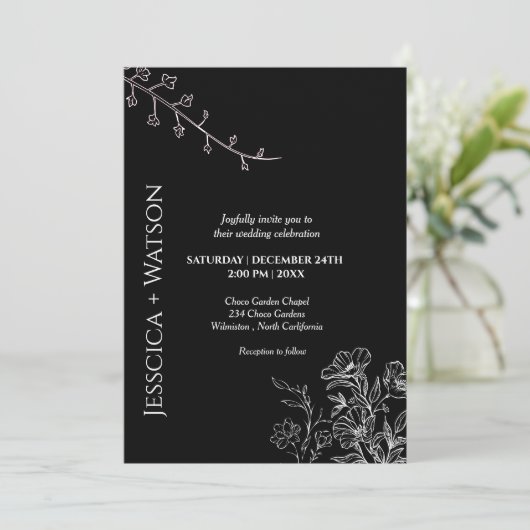 Minimalistisch script zwart en witte florale bruil kaart (Staand voorkant)