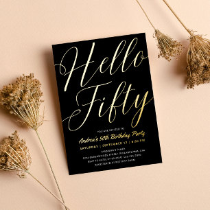 Minimalistisch script zwart hello vijftig verjaard folie uitnodiging