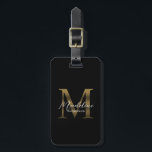 Minimalistisch Script Zwart Metallic Gold Monogram Bagagelabel<br><div class="desc">Minimalistisch Script Zwart Metallic Gold Monogram Bagagelabel</div>