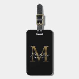 Minimalistisch Script Zwart Metallic Gold Monogram Bagagelabel