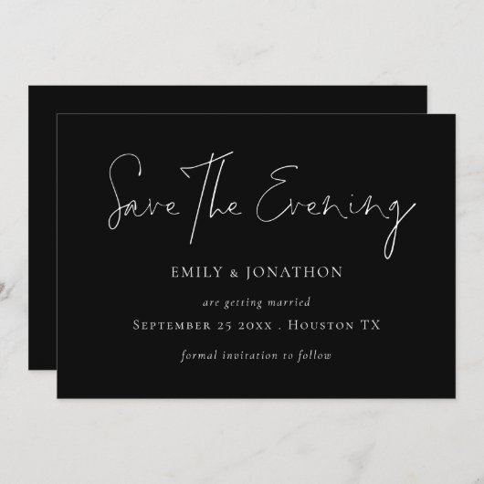 Minimalistisch Script Zwart Save the Evening Kaart (Voorkant / Achterkant)