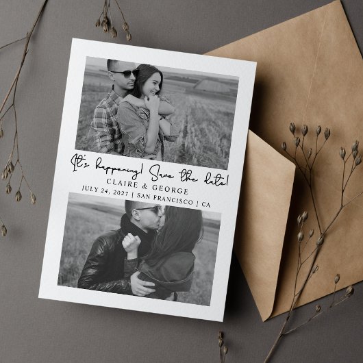 Minimalistisch Script Zwart-wit 2 foto's Save The Date