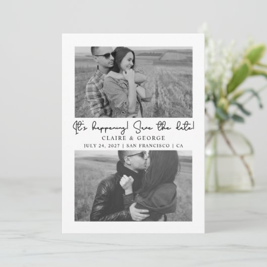 Minimalistisch Script Zwart-wit 2 foto's Save The Date (Staand voorkant)