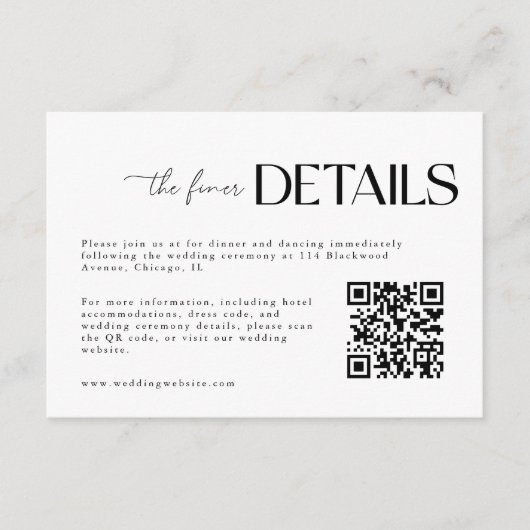 Minimalistisch Script Zwart-wit bruiloft QR-code Informatiekaartje (Voorkant)