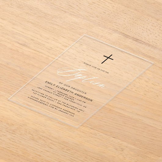 Minimalistisch Script Zwart Wit Eenvoudige Doop Acryl Uitnodigingen (Laagn)