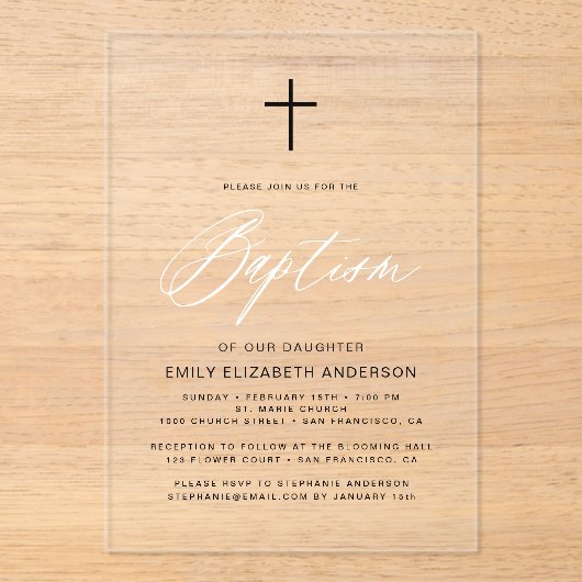 Minimalistisch Script Zwart Wit Eenvoudige Doop Acryl Uitnodigingen (Voorkant)