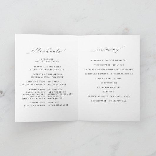 Minimalistisch Script Zwart & Wit Gevouwen Bruilof Programma (Binnen)