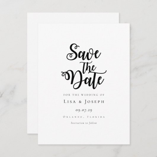 Minimalistisch script zwart-wit save the date aankondigingskaart (Voorkant / Achterkant)