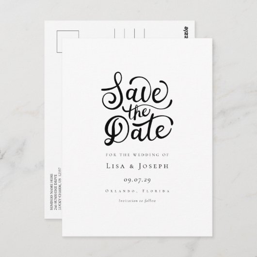 Minimalistisch script zwart-wit save-the-date briefkaart (Voorkant / Achterkant)