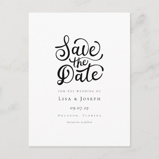 Minimalistisch script zwart-wit save-the-date briefkaart (Voorkant)