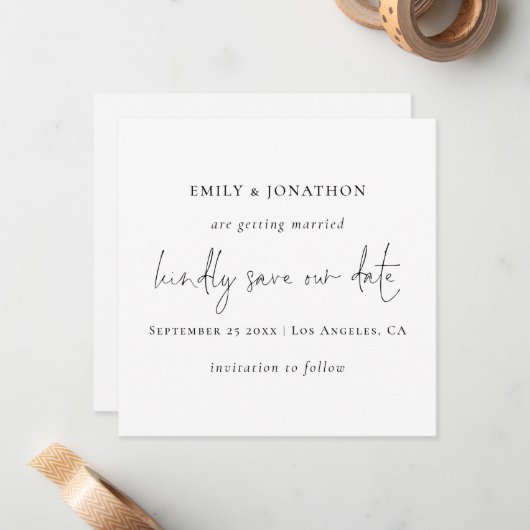 Minimalistisch script Zwart Wit Sla de datum op Notitiekaartje (Voorkant / Achterkant in situ)