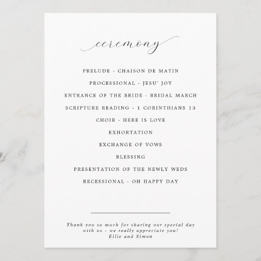 Minimalistisch Script Zwart & Wit Vlak Huwelijk Programmakaart (Achterkant)