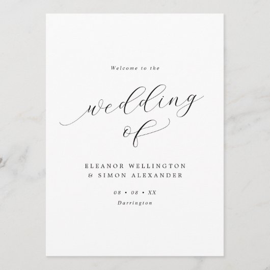 Minimalistisch Script Zwart & Wit Vlak Huwelijk Programmakaart (Voorkant)