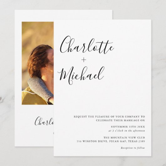 Minimalistisch script zwart-witfotoweddenschap kaart (Voorkant / Achterkant)