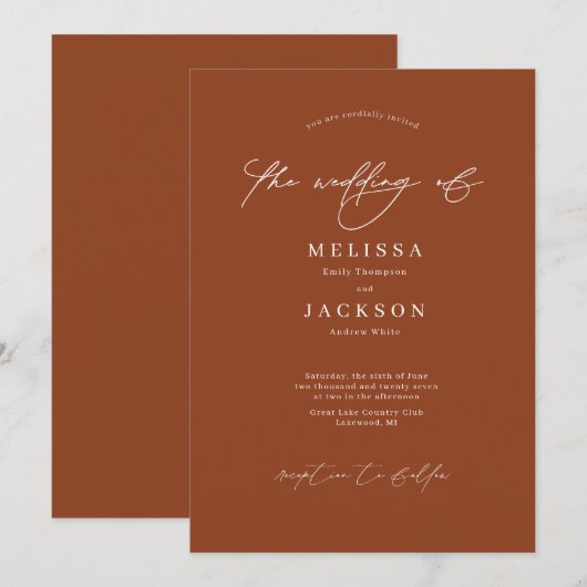 Minimalistisch scripted Terracotta Wedding Kaart (Voorkant / Achterkant)