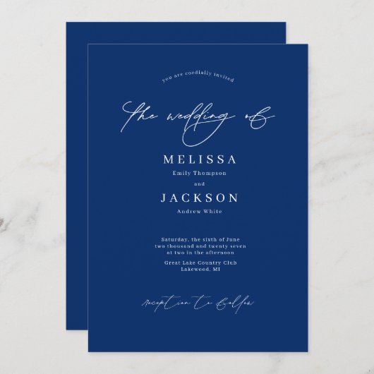 Minimalistisch scripting Blue Wedding Invitation Kaart (Voorkant / Achterkant)