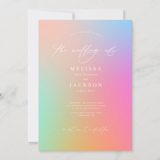 Minimalistisch scripting Bright Ombre Rainbow Wedd Kaart (Voorkant)