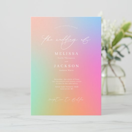 Minimalistisch scripting Bright Ombre Rainbow Wedd Kaart (Staand voorkant)