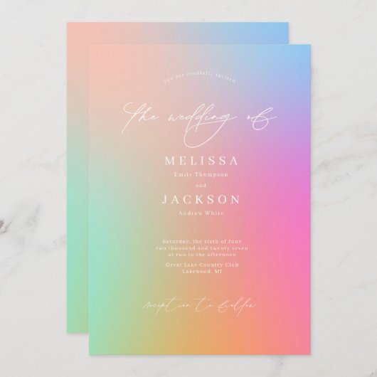Minimalistisch scripting Bright Ombre Rainbow Wedd Kaart (Voorkant / Achterkant)