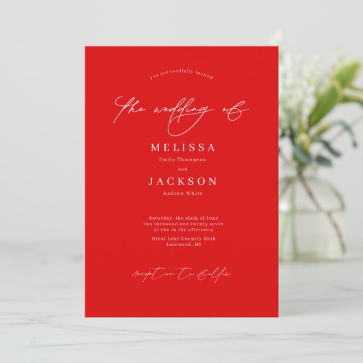 Minimalistisch scripting Red Wedding Invitation Kaart (Staand voorkant)