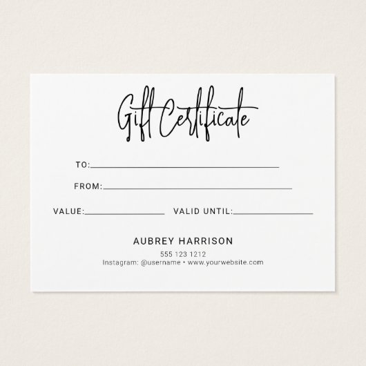 Minimalistisch scriptwitcadeaucertificaat visitekaartje (Achterkant)