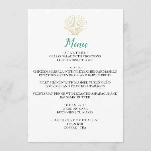Minimalistisch Seashell bruiloft diner Menu (Voorkant)