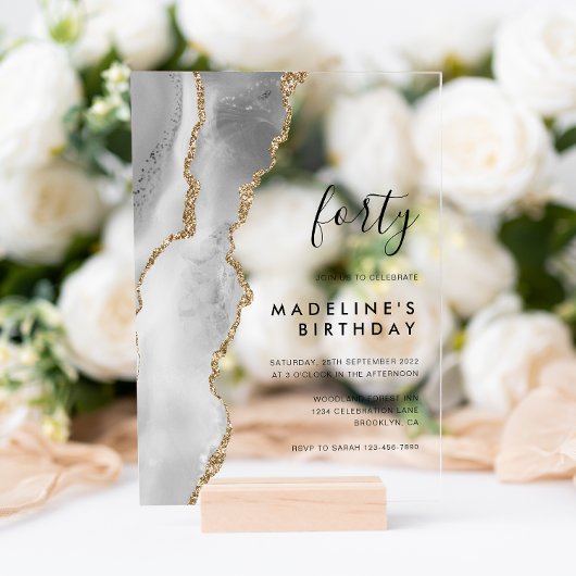 Minimalistisch Silver Gold Agate Geode 40e verjaar Acryl Uitnodigingen