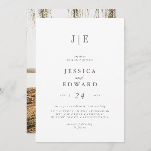 Minimalistisch Silver Script Photo Monogram Wedden Kaart (Voorkant / Achterkant)