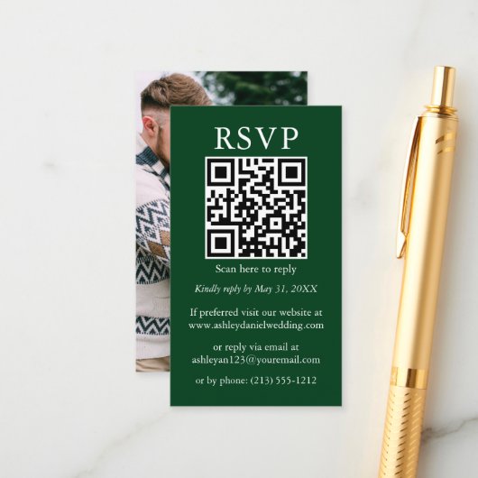 Minimalistisch Simple Wedding QR Foto Green RSVP Informatiekaartje (Voorkant / Achterkant in situ)