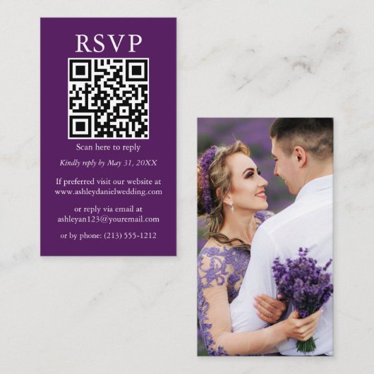 Minimalistisch Simple Wedding QR-foto Paars RSVP Informatiekaartje (Voorkant / Achterkant)
