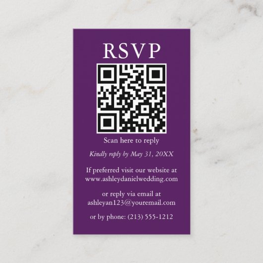 Minimalistisch Simple Wedding QR-foto Paars RSVP Informatiekaartje (Voorkant)