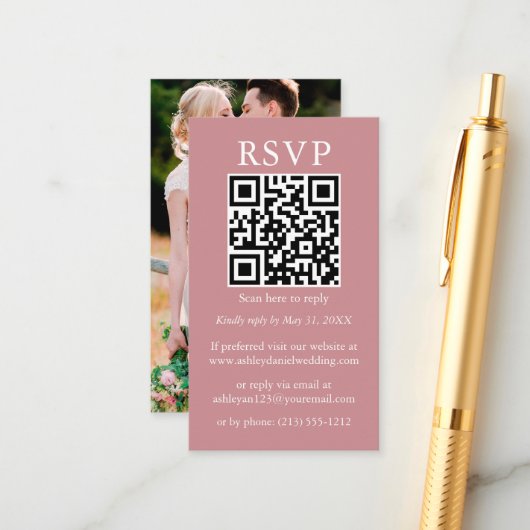 Minimalistisch Simple Wedding QR Photo Dusty Roos Informatiekaartje (Voorkant / Achterkant in situ)