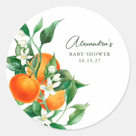 Minimalistisch Sinaasappel botanisch Baby shower Ronde Sticker (Voorkant)