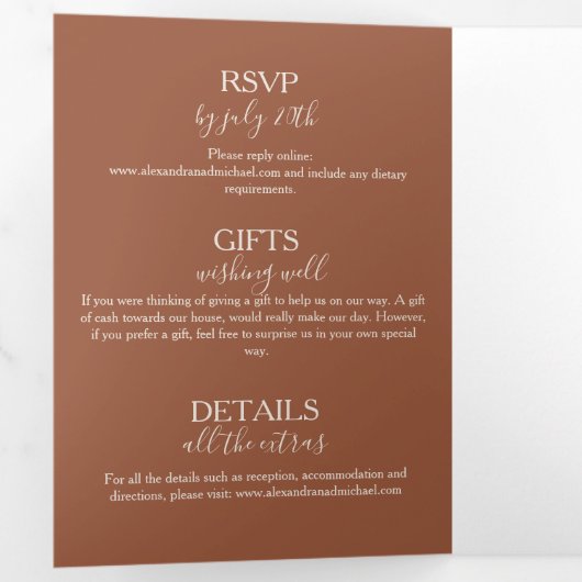 Minimalistisch Sinaasappel teracotta bruiloft door Drieluik Uitnodiging (Binnenzijde eerst)