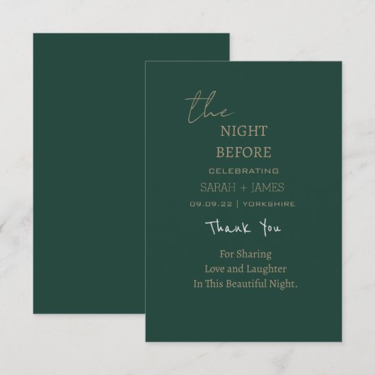 Minimalistisch smaragdgroen de nacht voor de bruil bedankkaart (Voorkant / Achterkant)
