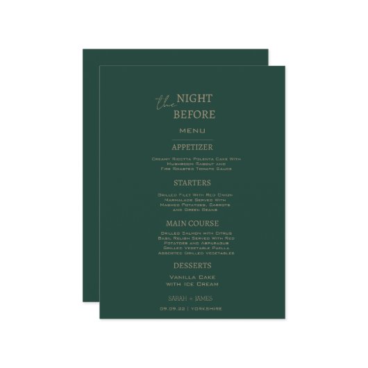 Minimalistisch smaragdgroen de nacht voor de bruil menu (Voorkant / Achterkant in situ)