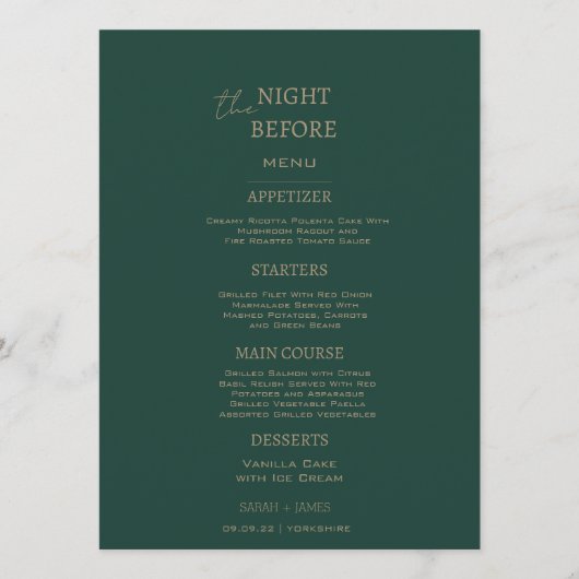 Minimalistisch smaragdgroen de nacht voor de bruil menu (Voorkant)