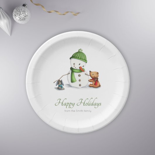 Minimalistisch Snowman-Beer en kerstmanfamilie Papieren Bordje