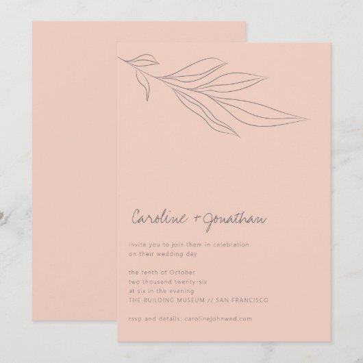 Minimalistisch Soft Pink Boho Botanical Line Weddi Kaart (Voorkant / Achterkant)