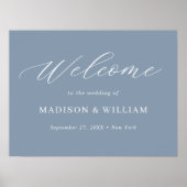 Minimalistisch stoffig blauw script bruiloft welko poster (Voorkant)