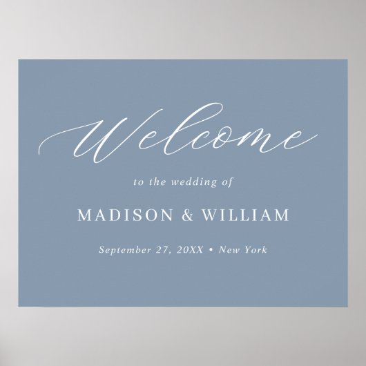 Minimalistisch stoffig blauw script bruiloft welko poster (Voorkant)